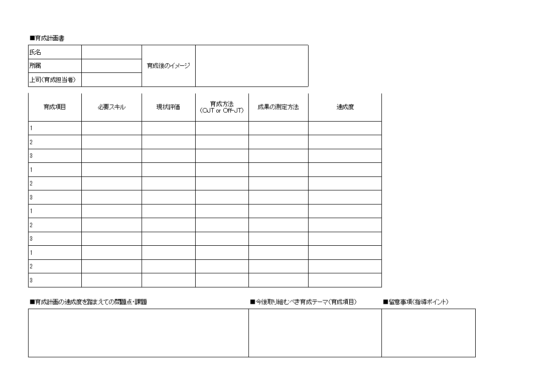 育成計画書のテンプレート Excelファイルを無料ダウンロード 無料ダウンロード 日本の人事部