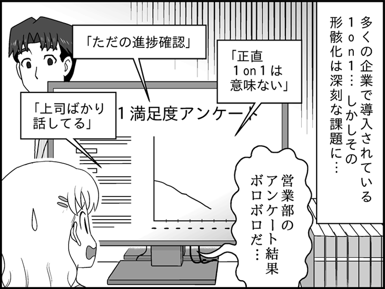 上司（部長）が部下（山田さん）との1on1面談で、「最近の調子はどう？」と聞くと、山田さんは「はい、特に問題ありません」と答え、部長は「うーん…業務報告で終わってしまうな」と悩んでいます。