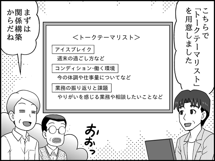 1on1当日、部長が「今日は○○について話したいんだね」とシートを確認しながら聞くと、山田さんは「はい、今抱えている課題なんです」と話し始めます。部長は「山田さんから話してくれた！」と喜びます。