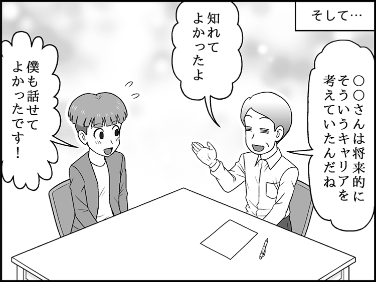 部長が「それを解決するために、何をすればいいと思う？」と尋ねると、山田さんは「○○さんと連携して…」と、自ら解決策を考え始めています。