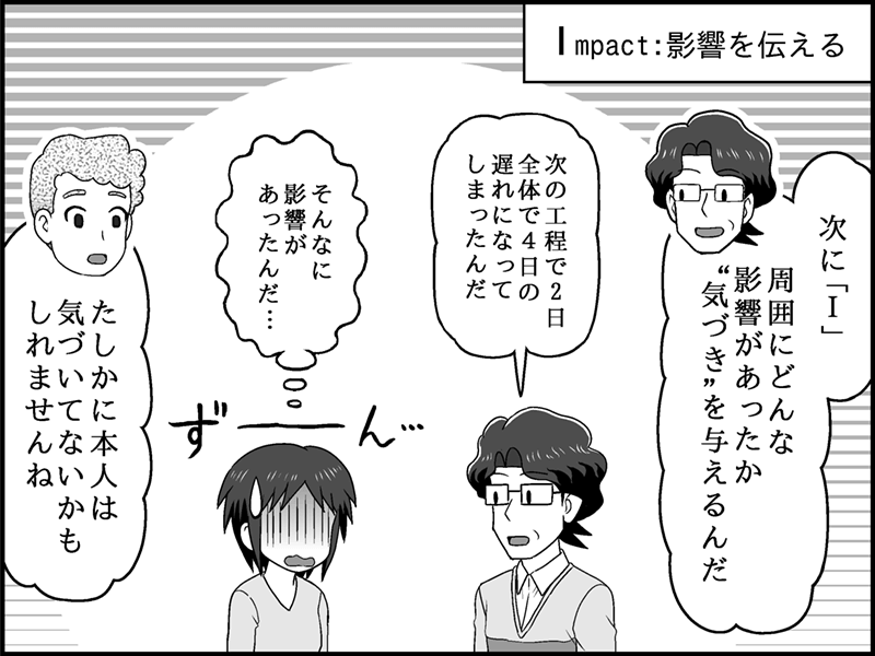 漫画：AIDモデルの「I（Impact：影響を伝える）」の解説。山下が部下に「次の工程で全体で2日遅れになってしまったんだ」と、周囲への影響を伝えている。部下はショックを受けつつも影響の大きさに気づき、別の男性が「本人は気づいてないかも」と納得している。