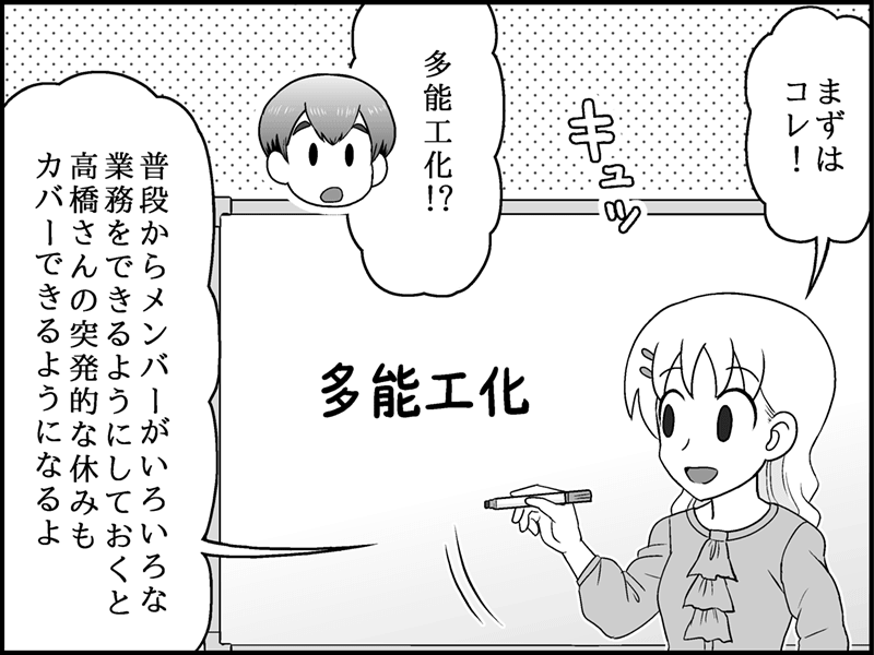 漫画：突発的な休みをカバーするため「多能工化」を進めようと提案