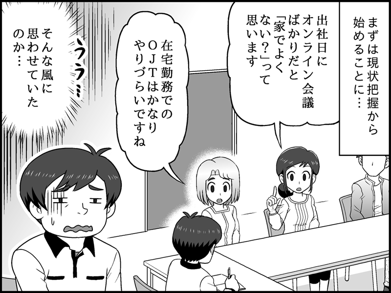 会議室でチームのメンバーから現状把握のヒアリングを行う鈴木さん。メンバーが「出社日にオンライン会議ばかりだと『家でよくない？』って思います」「在宅勤務でのOJTはかなりやりづらいですね」と意見を述べ、鈴木さんがショックを受けている様子。