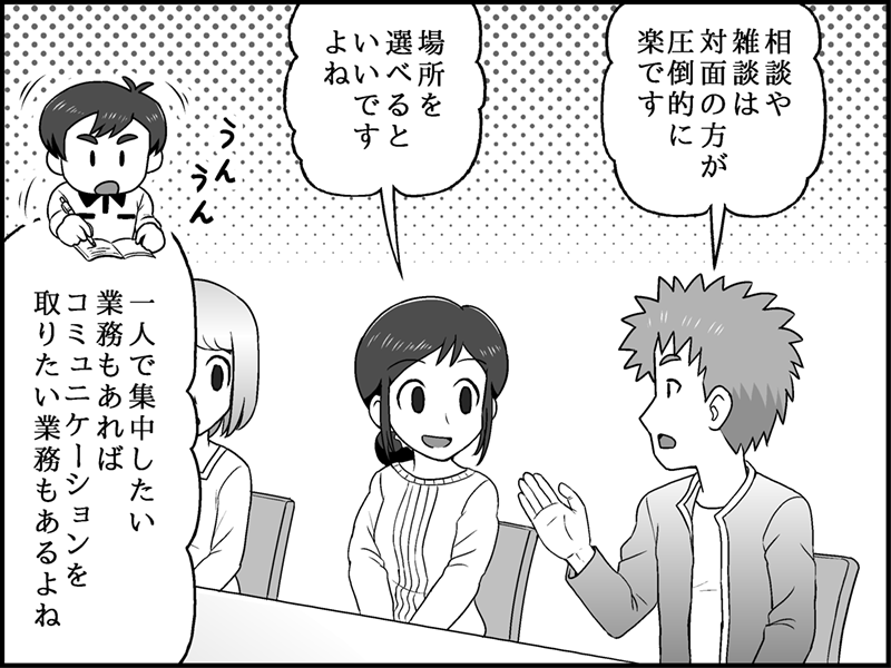 引き続きミーティングで意見を聴く鈴木さん。男性社員が「相談や雑談は対面の方が圧倒的に楽ですし」と話し、女性社員も「場所を選べるとよいですよね」と賛同する。鈴木さんはメモを取りながら「一人で集中したい業務もあればコミュニケーションを取りたい業務もあるよね」と納得している。