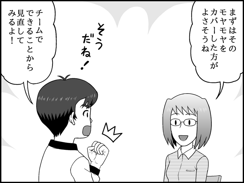 志田さんが「まずはそのモヤモヤをカバーした方がよさそうね」とアドバイスし、鈴木さんが「そうだね！チームでできることから見直してみるよ！」とガッツポーズで意気込んでいる。