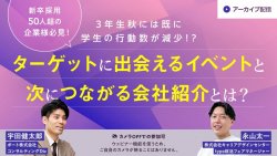 【アーカイブ・録画配信】新卒採用50人超の企業様必見！3年生秋には既に学生の行動数が減少！？
ターゲットに出会えるイベントと次につながる会社紹介とは